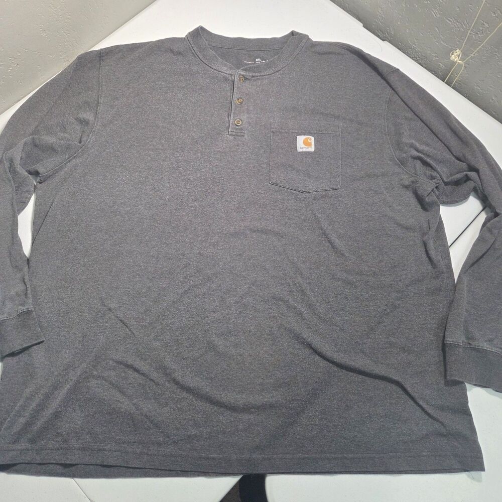 Carhartt Mens 2XL Loose Fit Henley Long Sleeve Pocket Shirt Gray Workwear